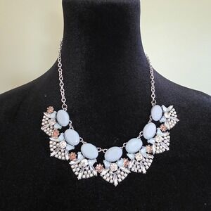 True Love Light Blue Cabochon Faux Pearl Crystal Statement Bib‎ Necklace Silver